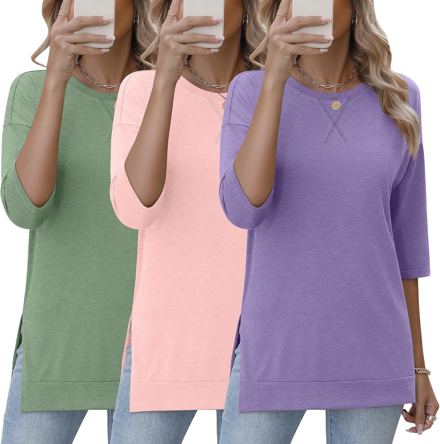 3 Pack 3/4 Length Sleeve Women's Tops with Side Slit Design