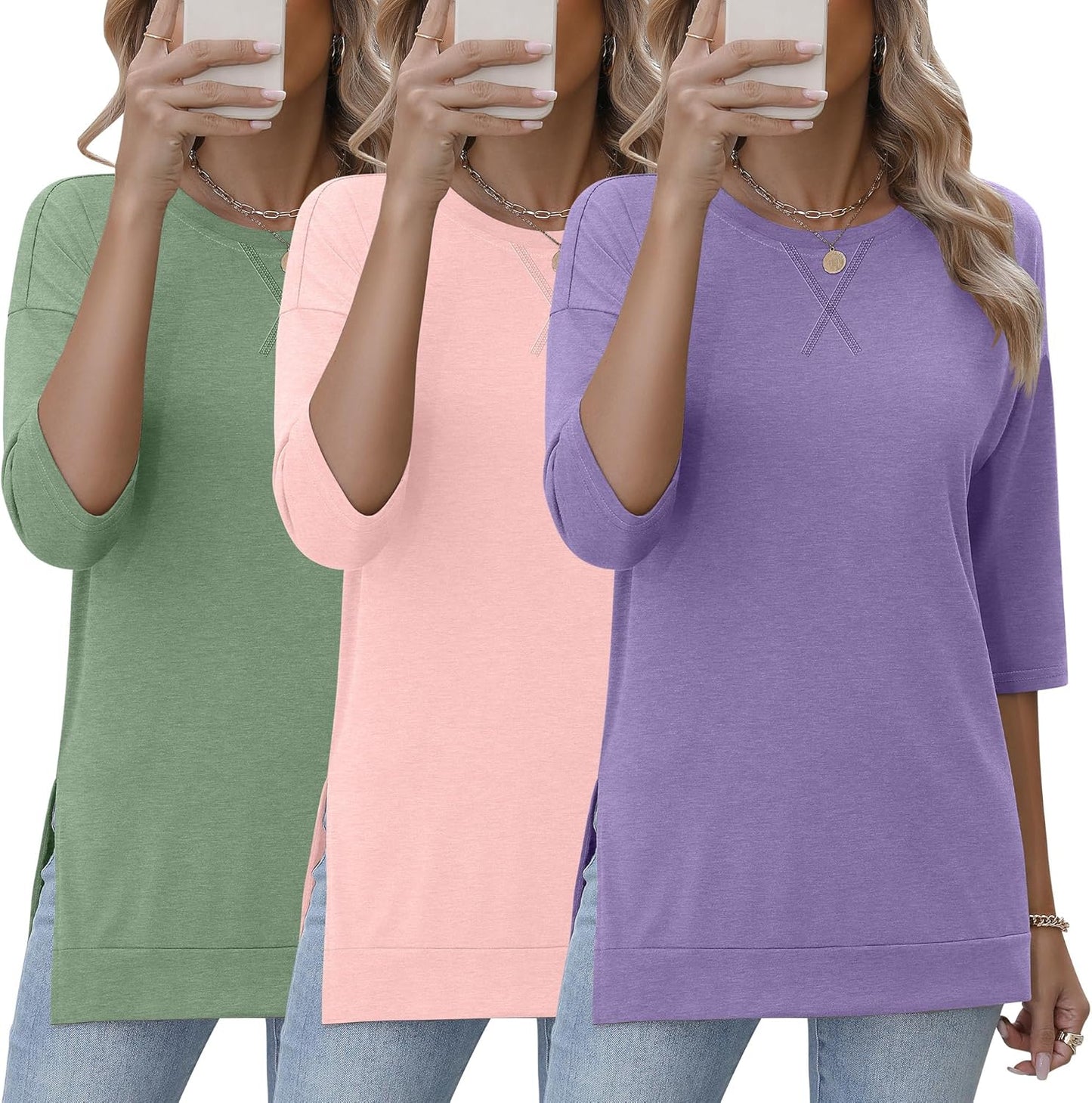 Stylish 3 Pack 3/4 Length Sleeve Women's Tunic Tops for Fall