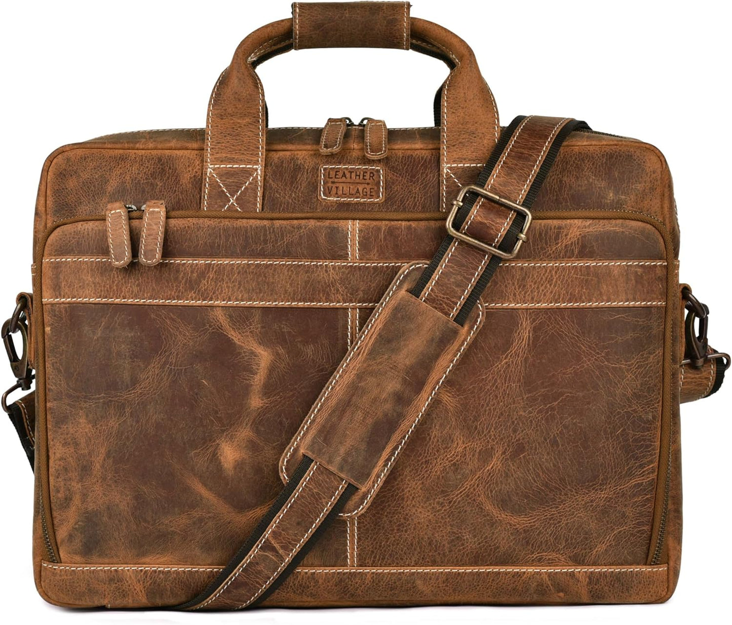 16in Leather Laptop Messenger Briefcase Bag for Men - Sun Tan Brown