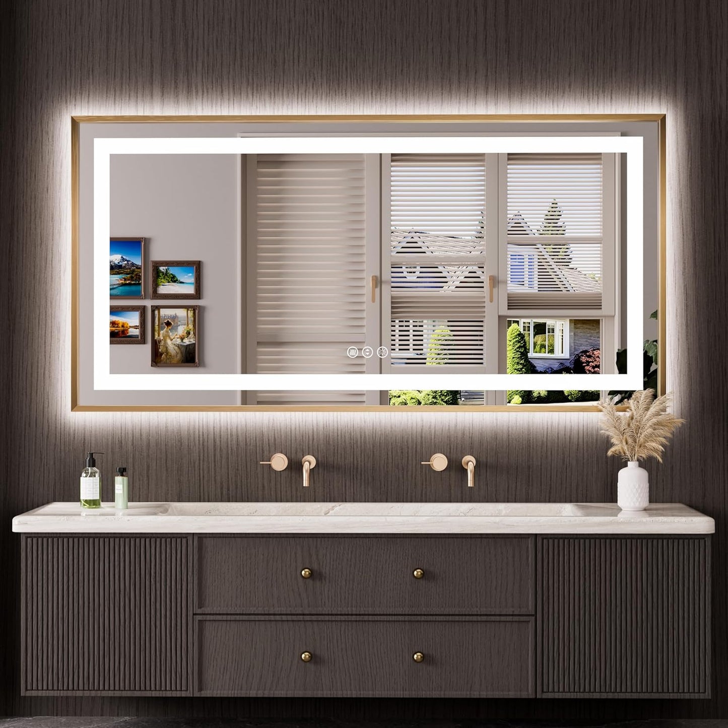 60in LED Bathroom Mirror with Gold Frame and Anti-Fog Feature