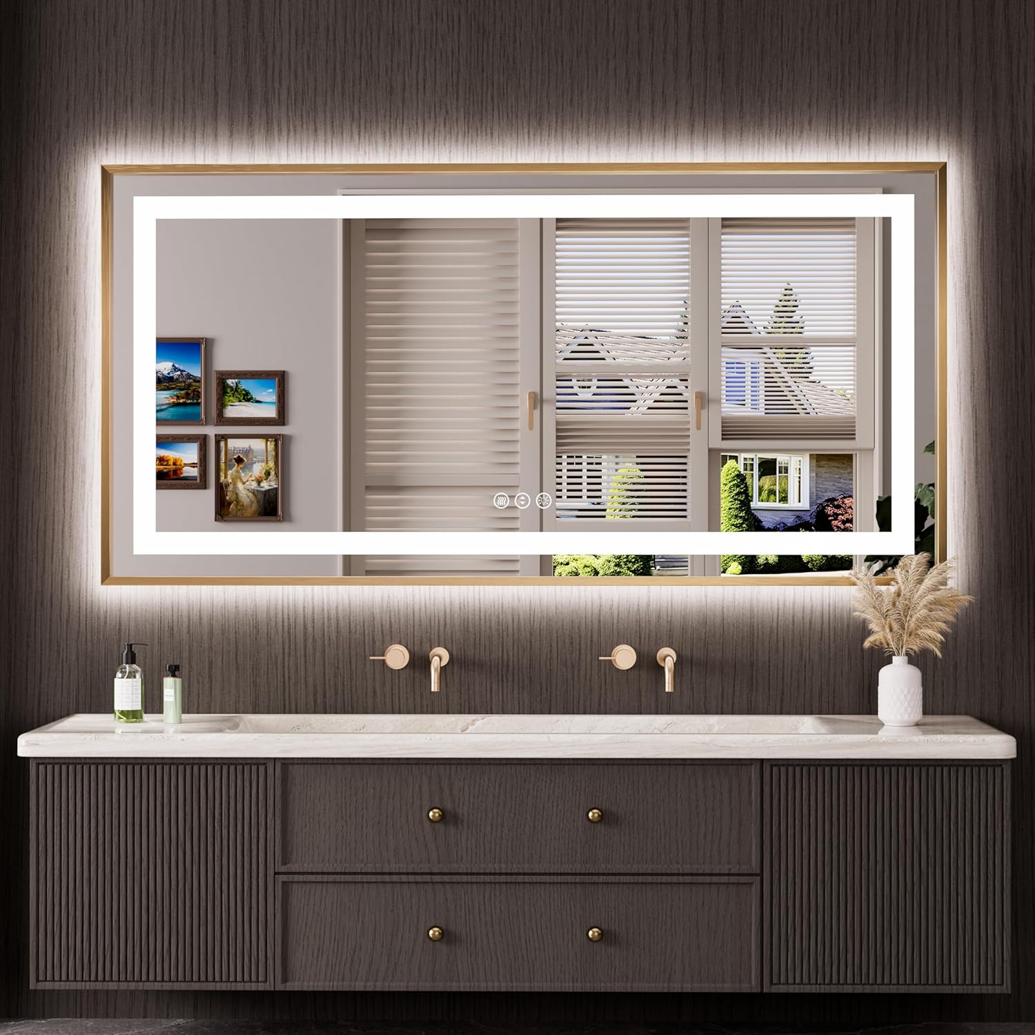 60in LED Bathroom Mirror with Gold Frame and Anti-Fog Feature