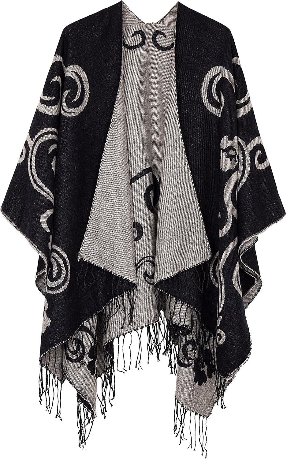 Urban CoCo Women's Printed Tassel Open Front Poncho Cape Wrap