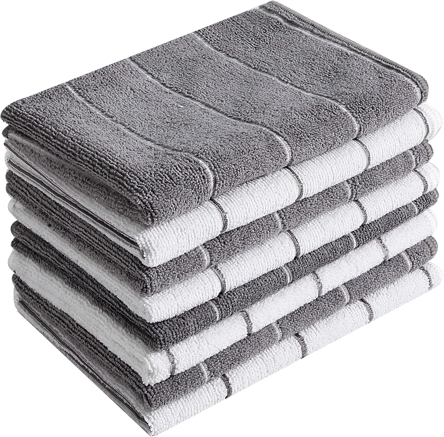 HYER KITCHEN Microfiber Towels - Super Absorbent 8 Pack, 26x18, Grey/White Stripes