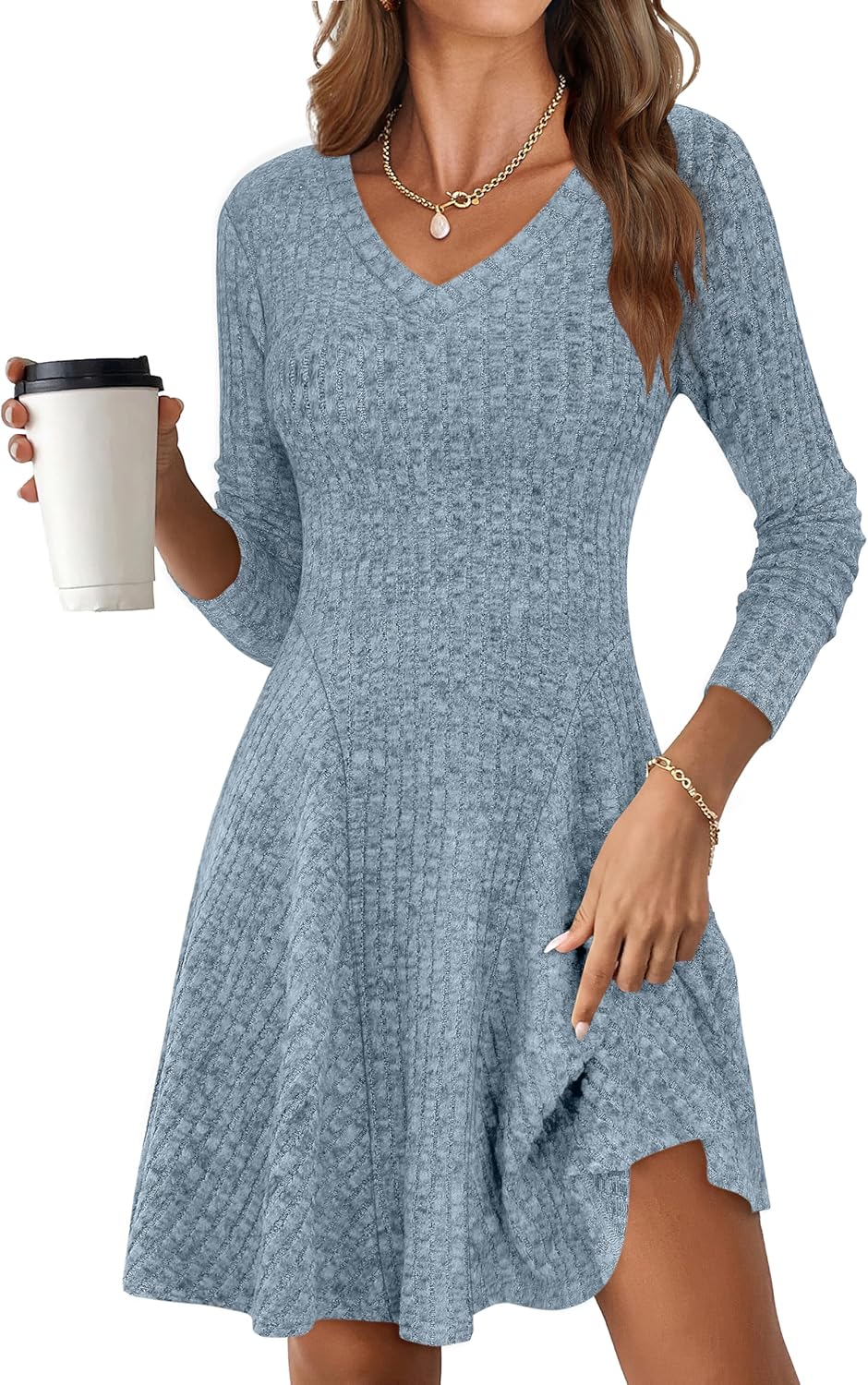 ANRABESS Women Long Sleeve Ribbed Knit Short Dresses for Fall