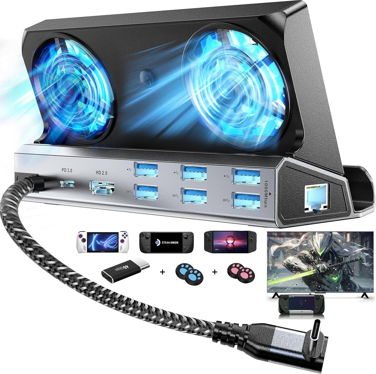 Dual Cooling Fans 12 in 1 Docking Station for Steam Deck & More