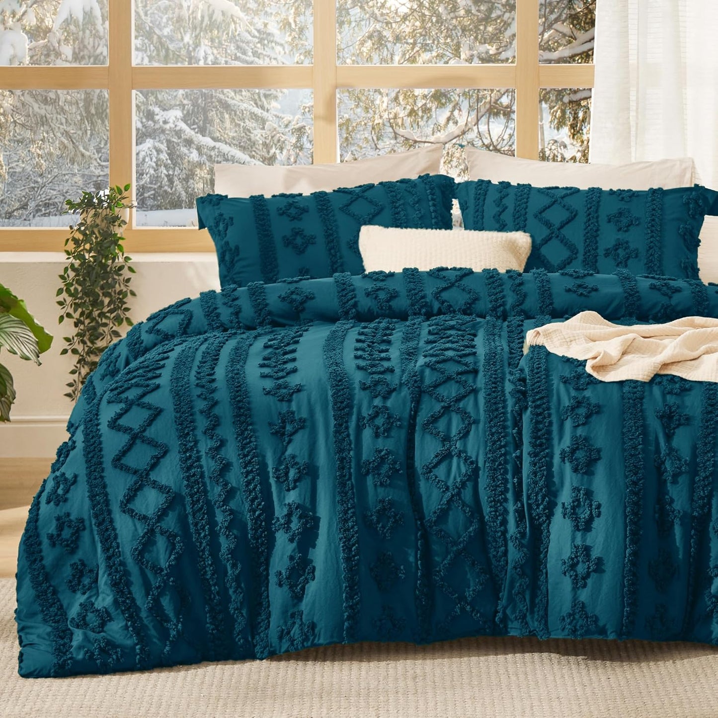 Tufted Boho Comforter Set Queen Size - Teal Vintage Bedding