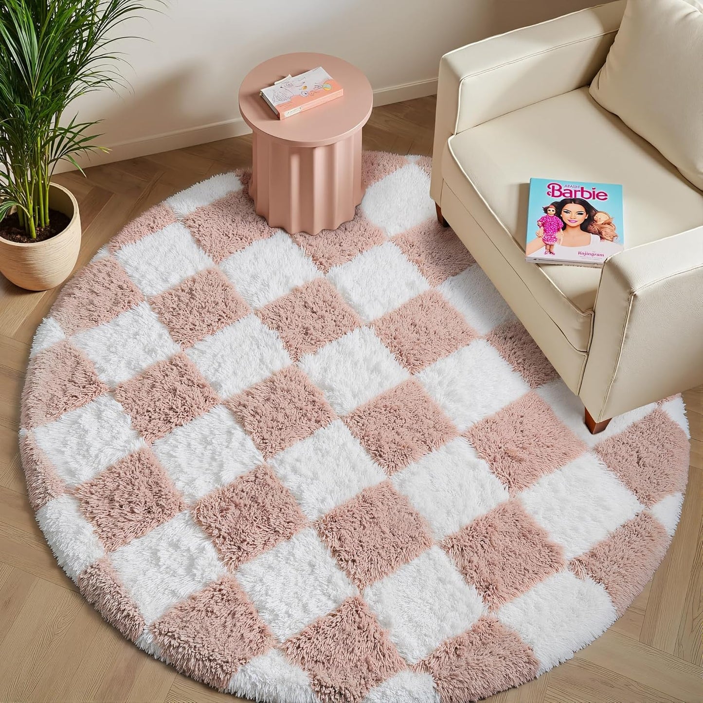 Checkered Rug 4x4 for Living Room - Pink and White Shag Rug