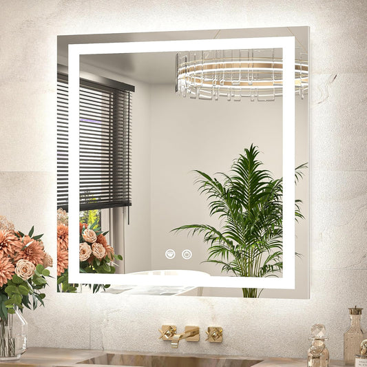 TETOTE 30 x 30 Inch LED Bathroom Mirror with Frontlit and Backlit