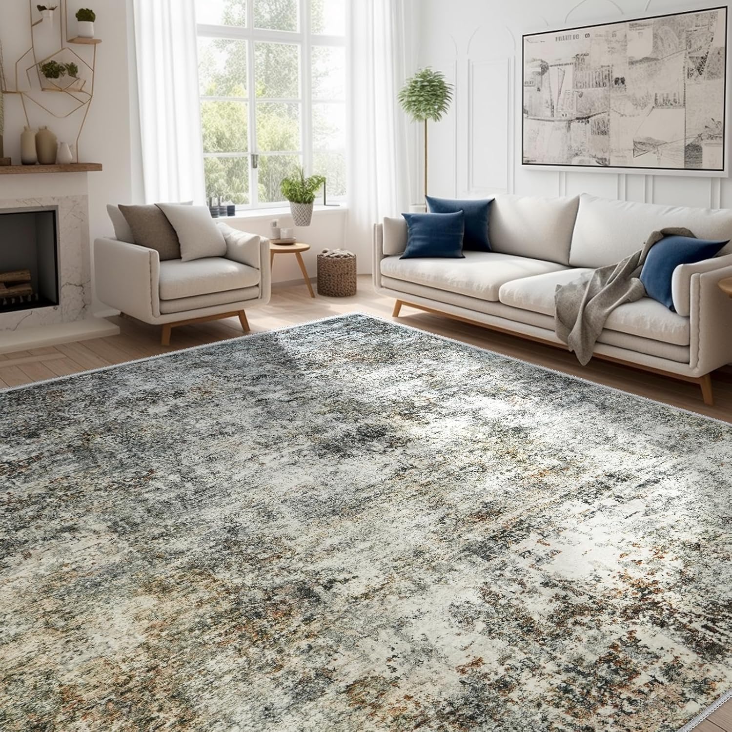 Abstract 10x14 Washable Rug: Modern Non Slip Area Rug Soft
