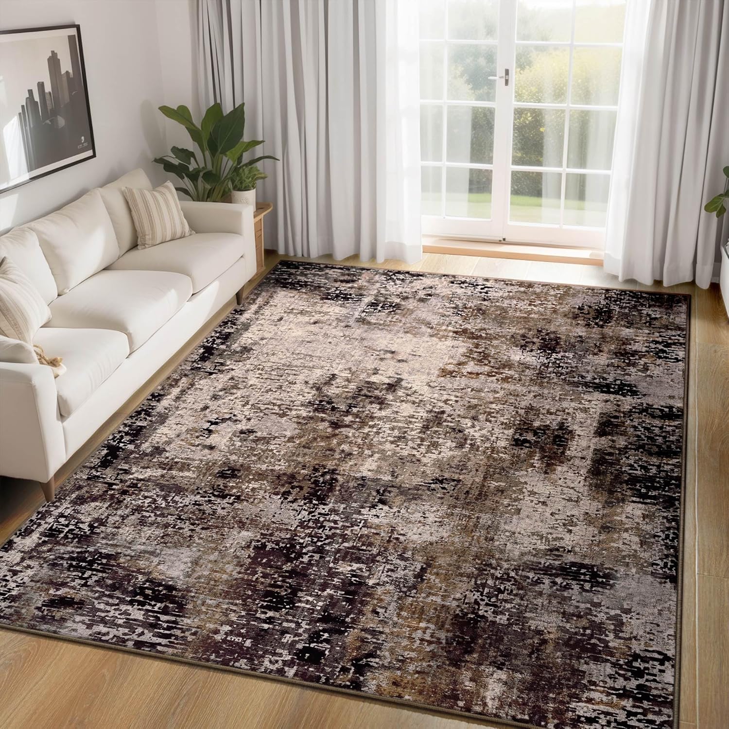 Ompaa 5x7 Brown Area Rug - Machine Washable Boho Style
