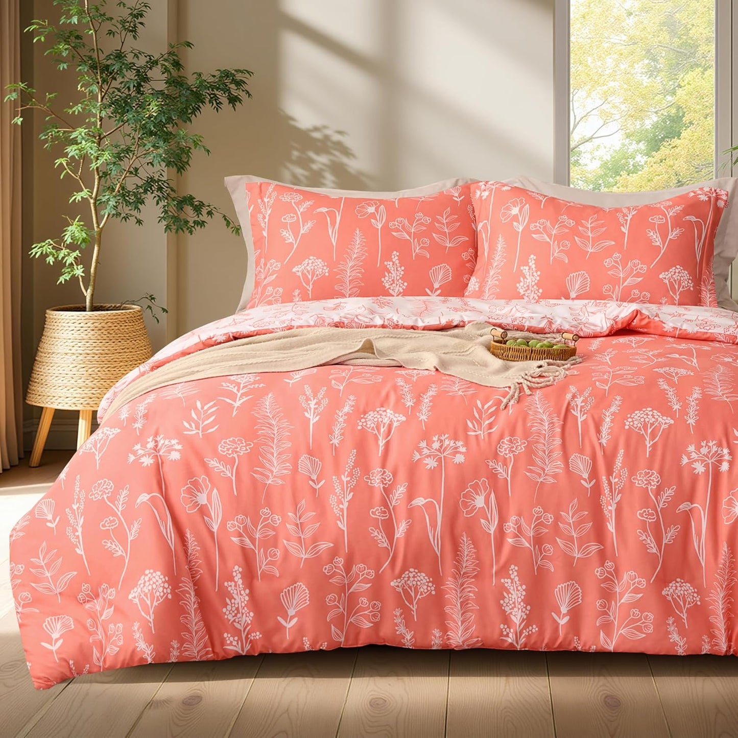 Joiedomi King Size Comforter Set Coral Orange Floral Design