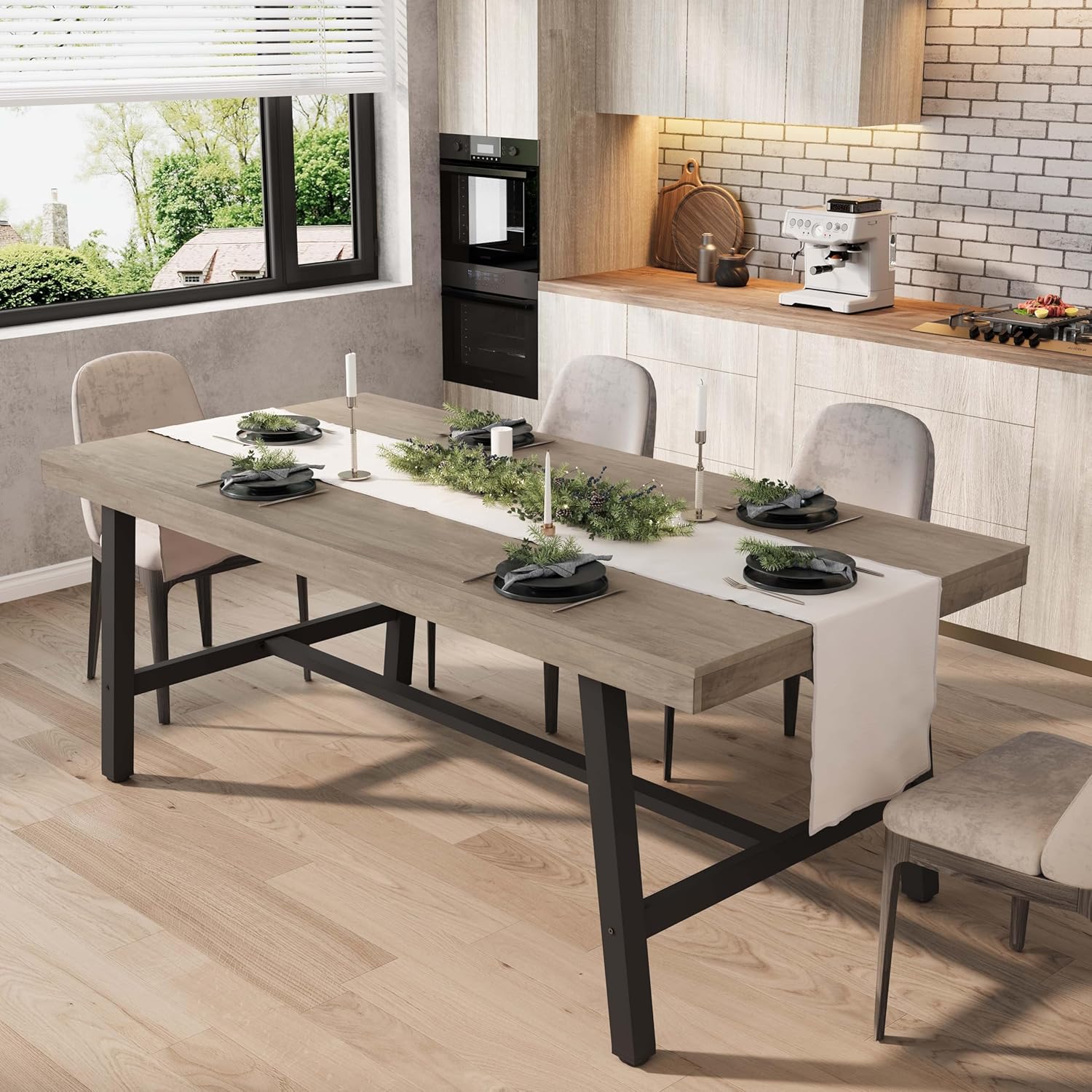 Industrial Dining Table for 6-8 People with Sturdy Metal Frame
