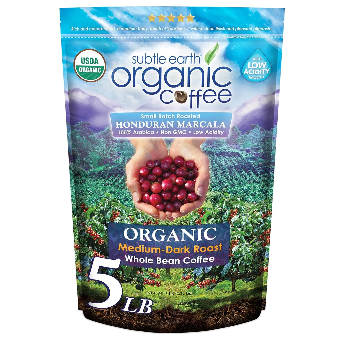 5LB Subtle Earth Organic Coffee - Medium Dark Roast Whole Bean