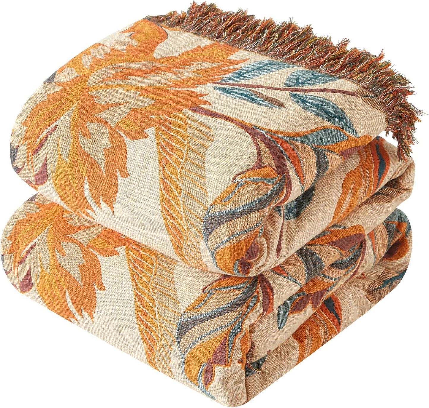 Boho Throw Blanket for Couch Sofa Bed, 100% Cotton Woven Quilt