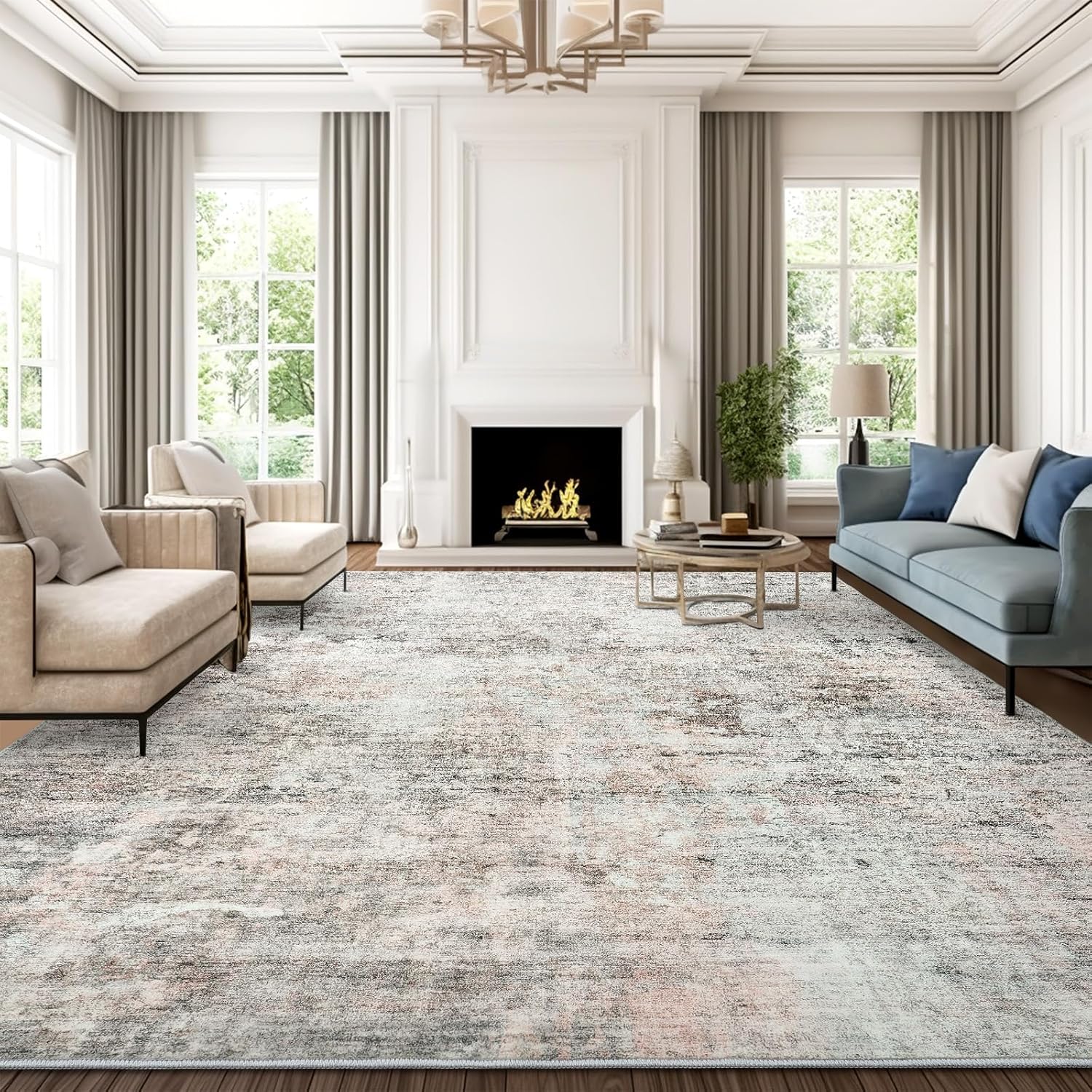 Abstract 8x10 Area Rug for Living Room - Modern Washable Design