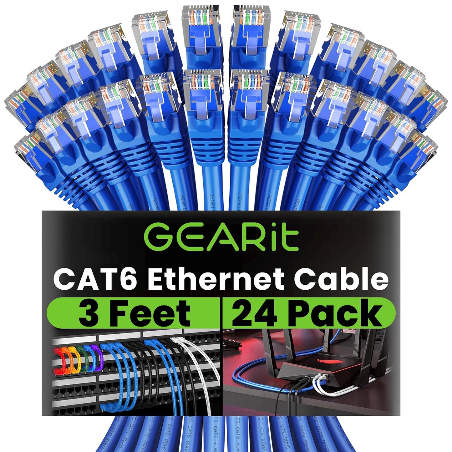 10Gbps Cat6 Ethernet Cable - 24-Pack 3ft | Snagless, Gold-Plated Connectors