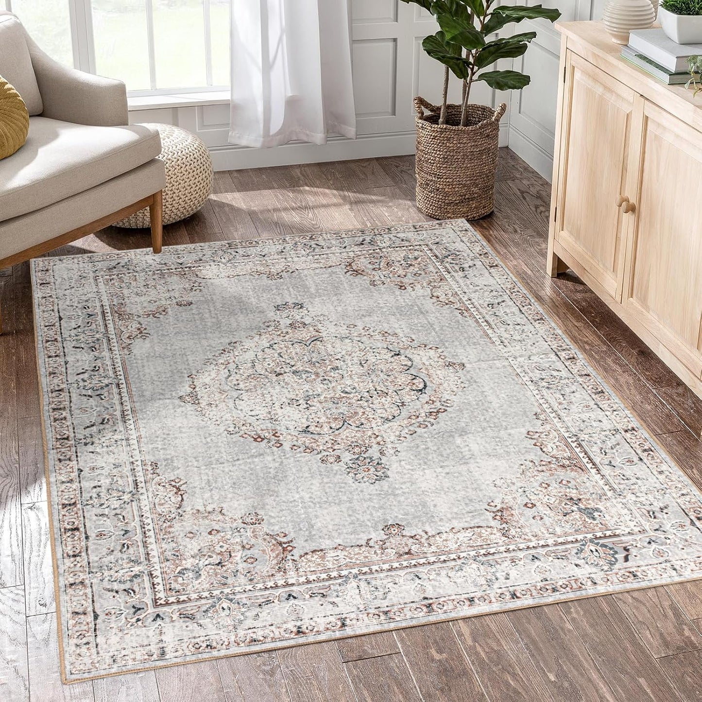 Easy-Going Area Rug 4x6 Washable Boho Vintage Distressed Design
