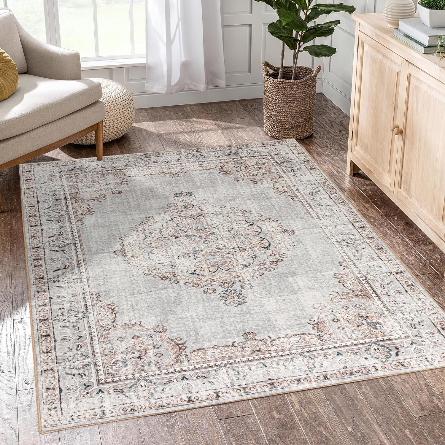 Easy-Going Area Rug 4x6 Washable Boho Vintage Distressed Design