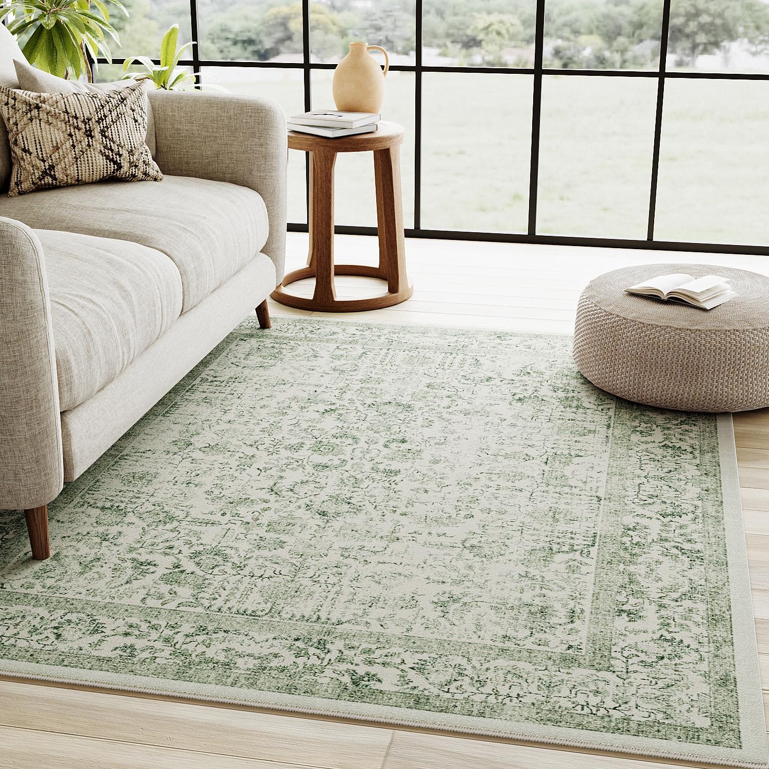 Sage Green Area Rug 4x6 Washable Vintage Distressed Carpet