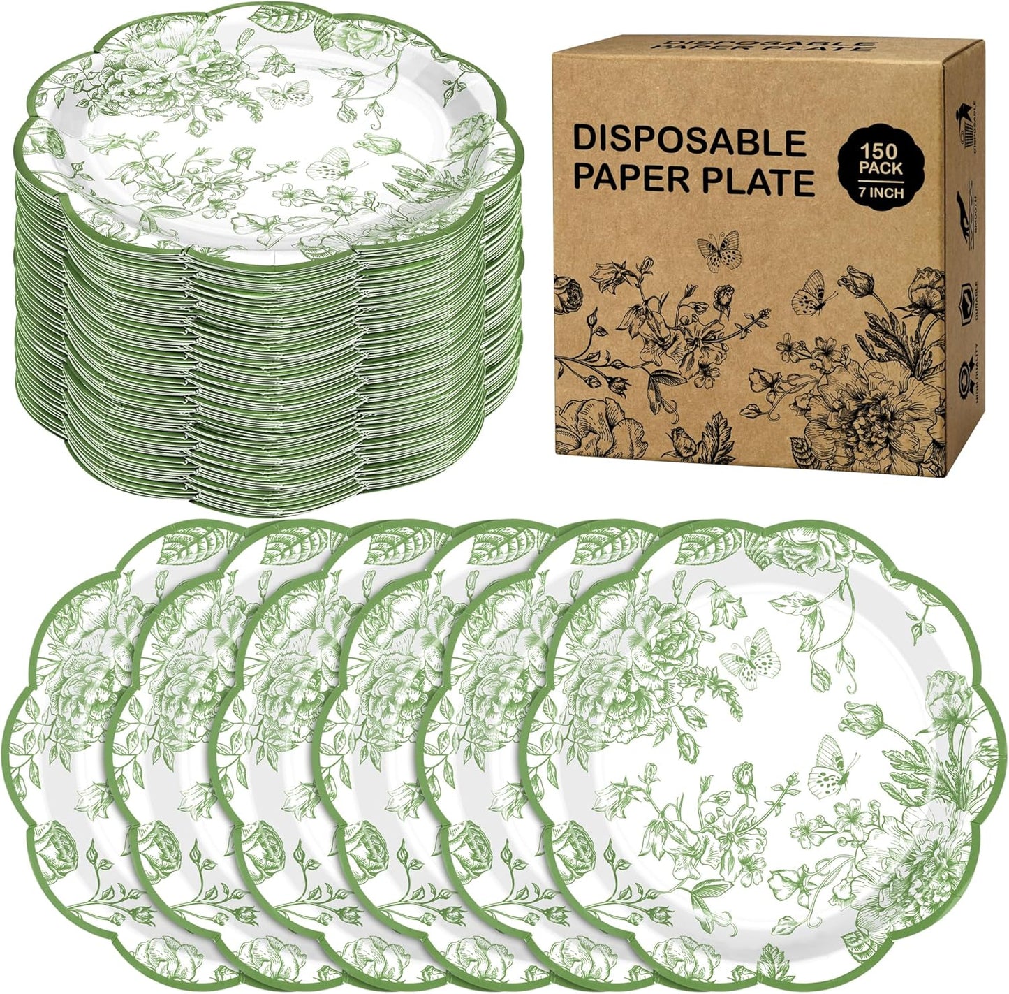150 Pieces Sage Green Flower Paper Plates for Every Occasion