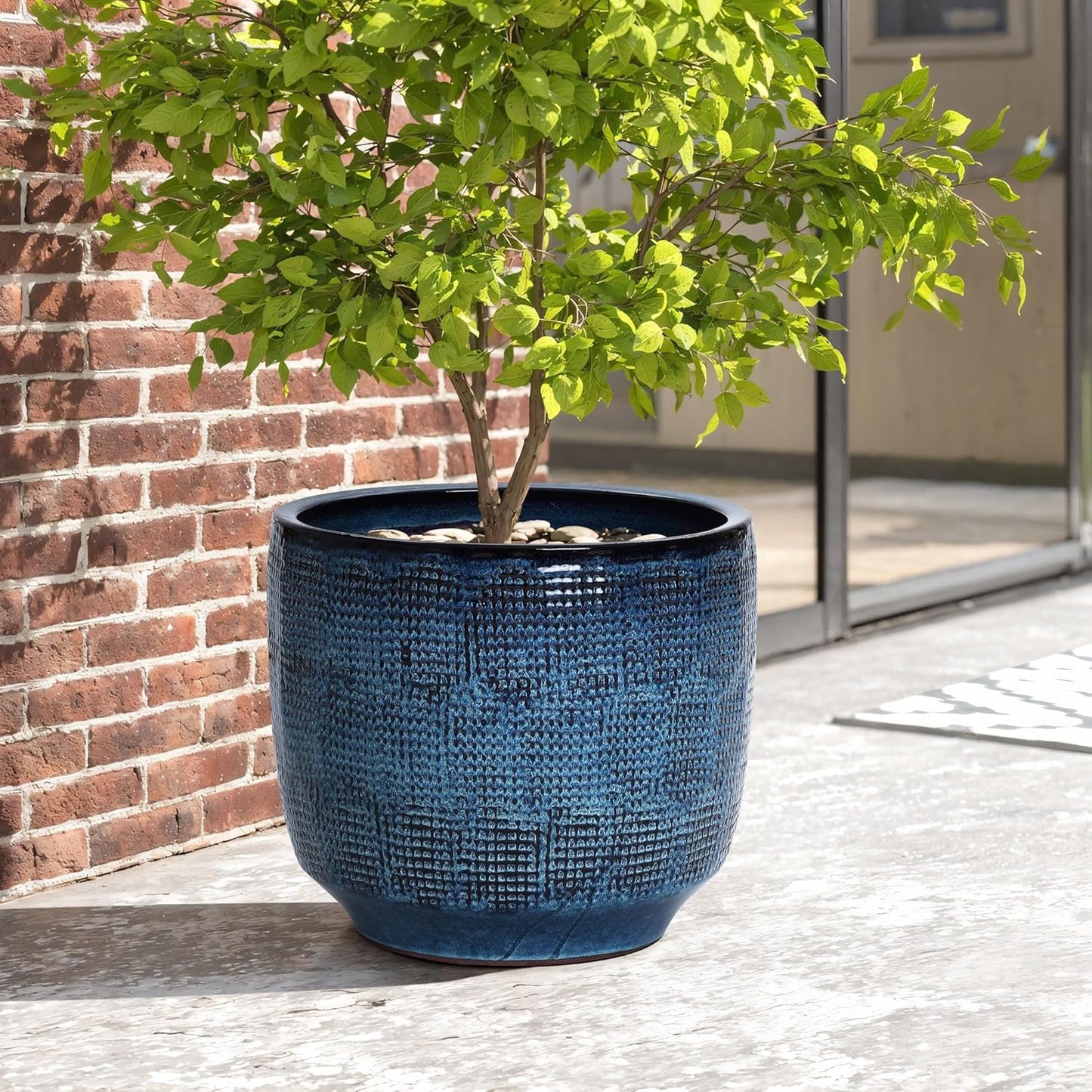 Large Ceramic Pots for Plants with Drainage Hole in Ocean Blue
