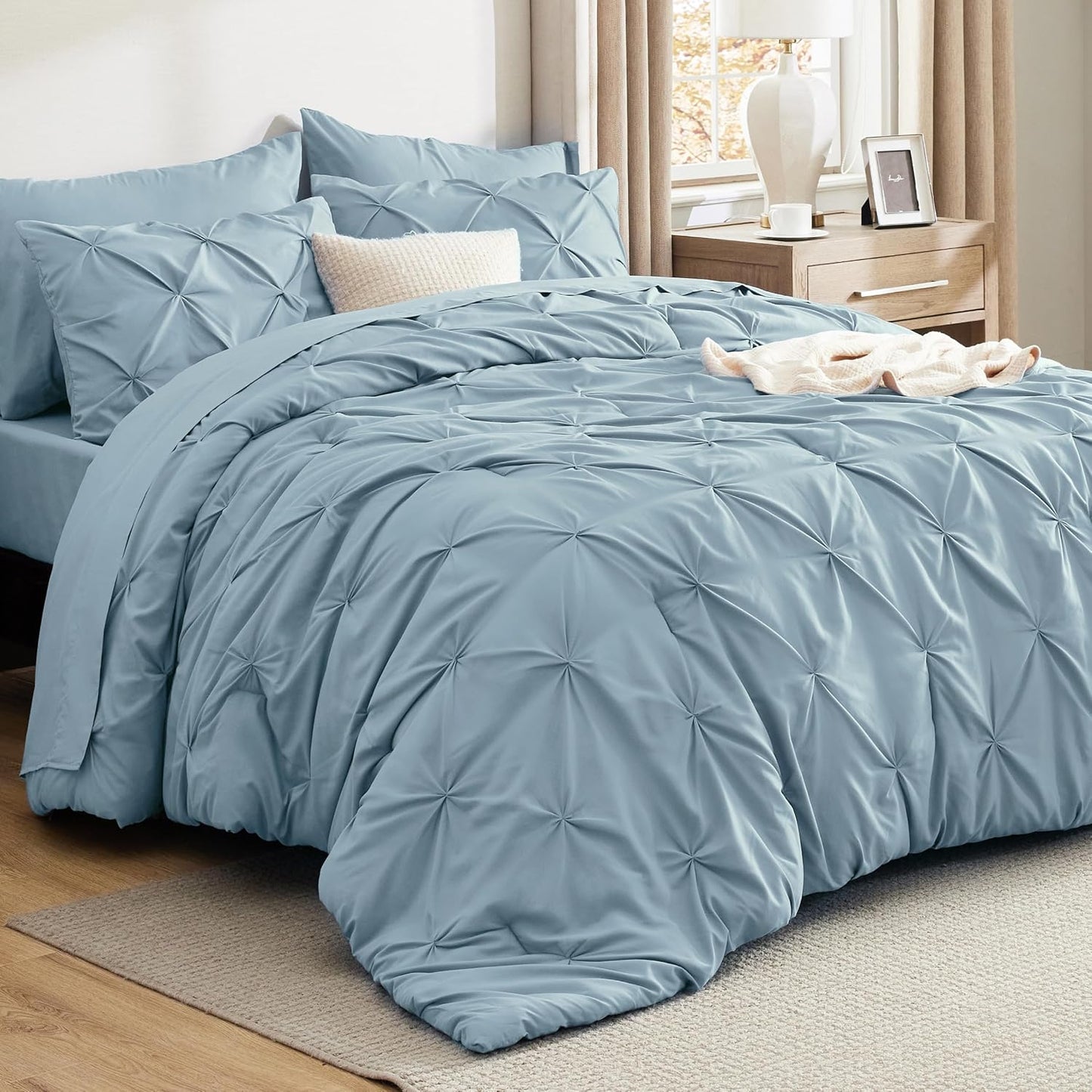 Bedsure Queen Comforter Set Light Blue - 7 Piece Bed in a Bag