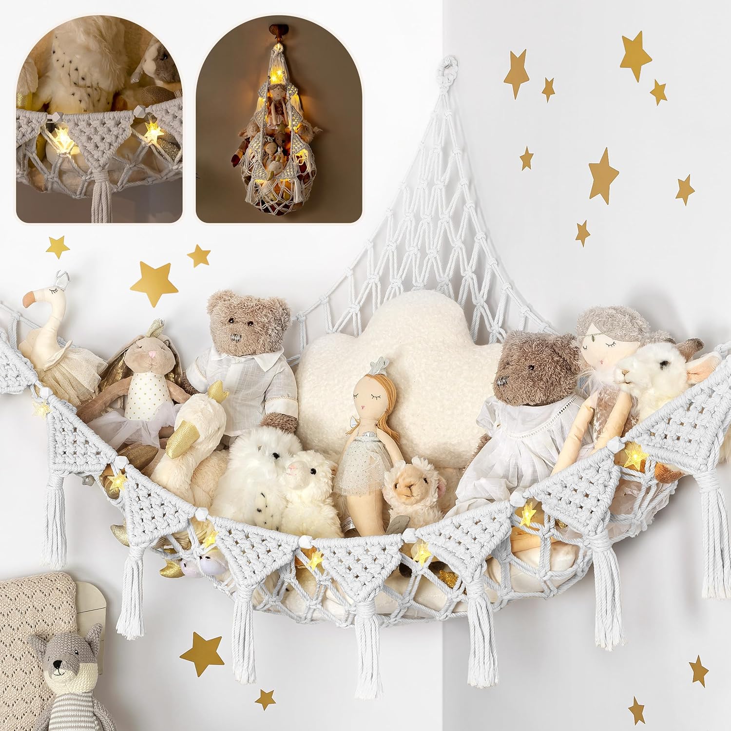 Snow White Macrame DreamLights Hammock for Plushie Storage