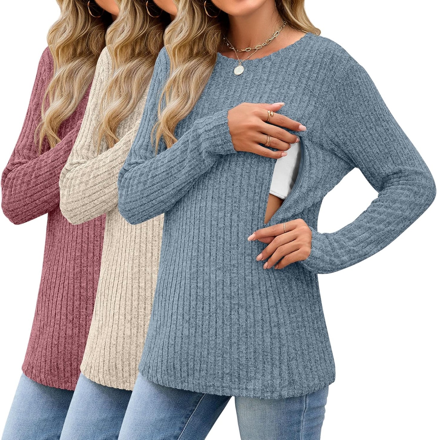3 Pack Women's Nursing Long Sleeve Tops for Breastfeeding Comfort