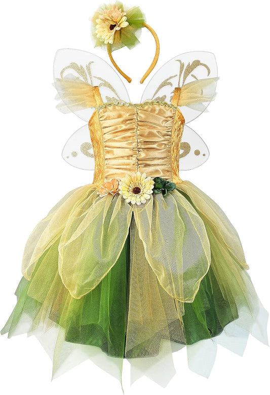 Enchanting Green Fairy Costume Dress for Girls with Wings