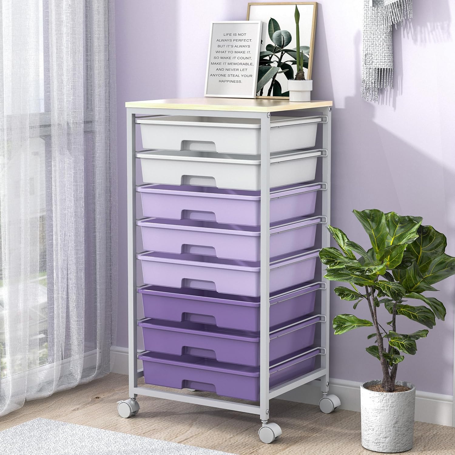Rolling Cart with 8 Drawers and Wooden Tabletop for Storage