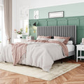 Grey Velvet Full Platform Bed Frame with Vertical Channel Headboard