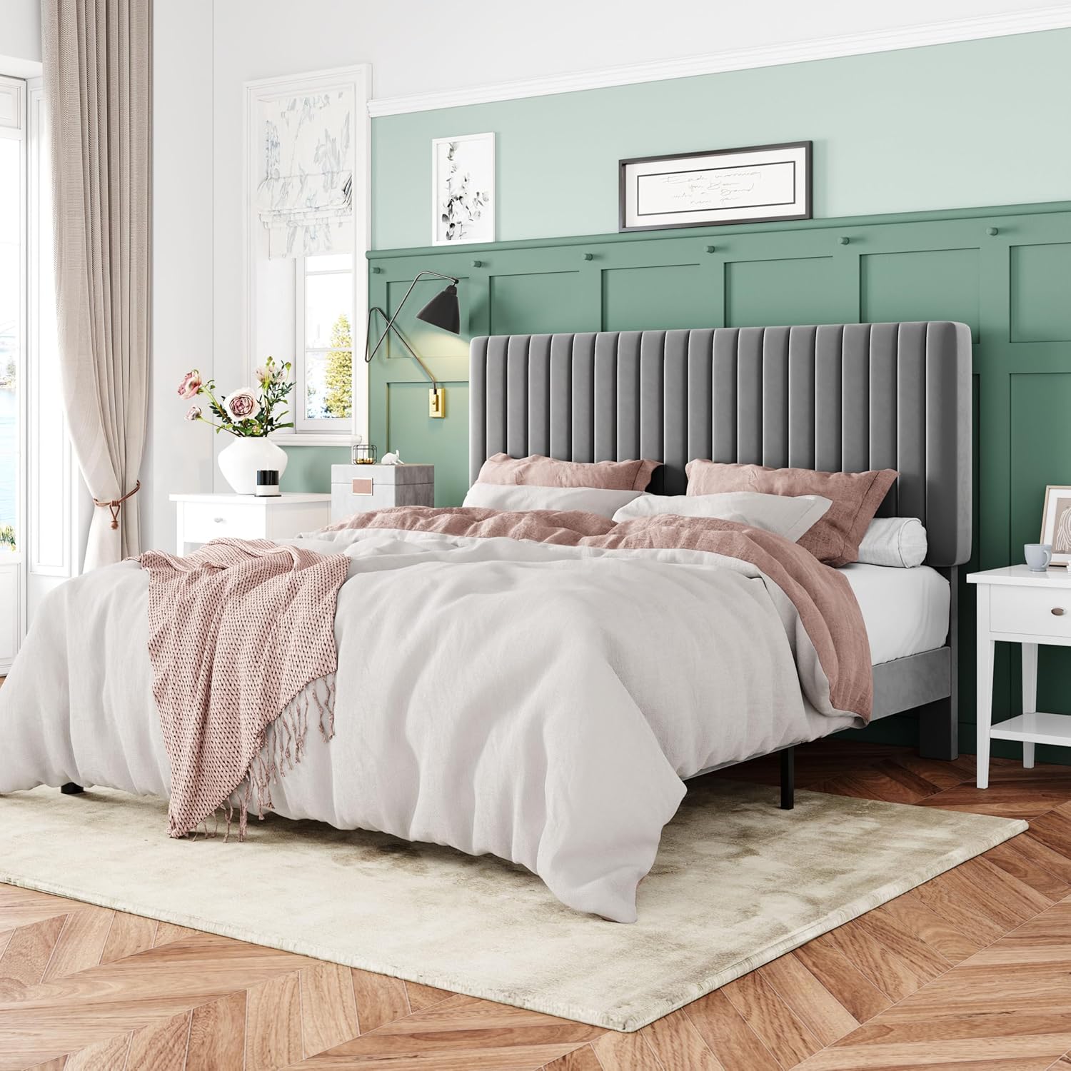 Allewie Full Bed Frame with Adjustable Tufted Headboard for Comfort