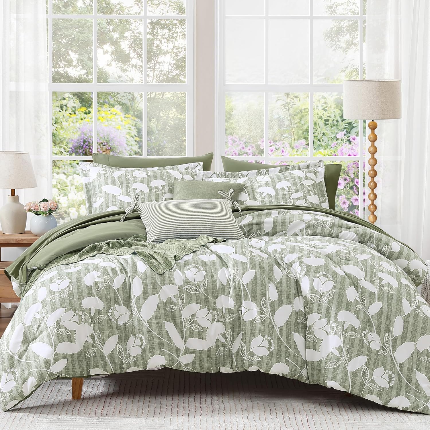 King Comforter Set - 7 Pieces Sage Green Floral Design for All Seasons
