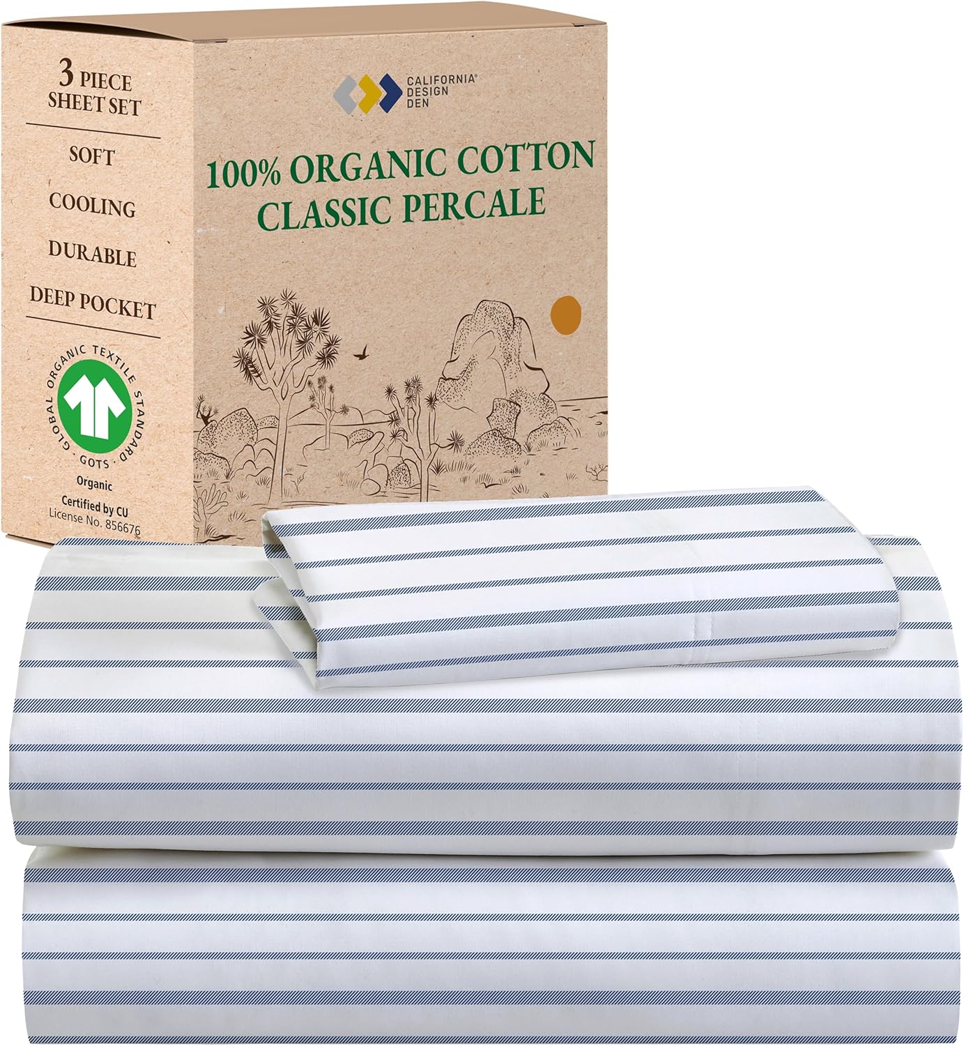 Organic Cotton Blue Stripe Sheets Set for Twin XL Beds