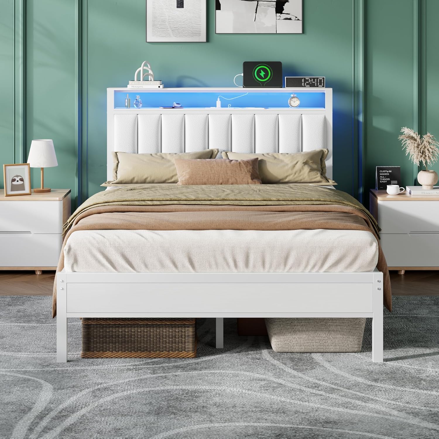 Furnulem Full Size Bed Frame with Charging Station & LED Lights