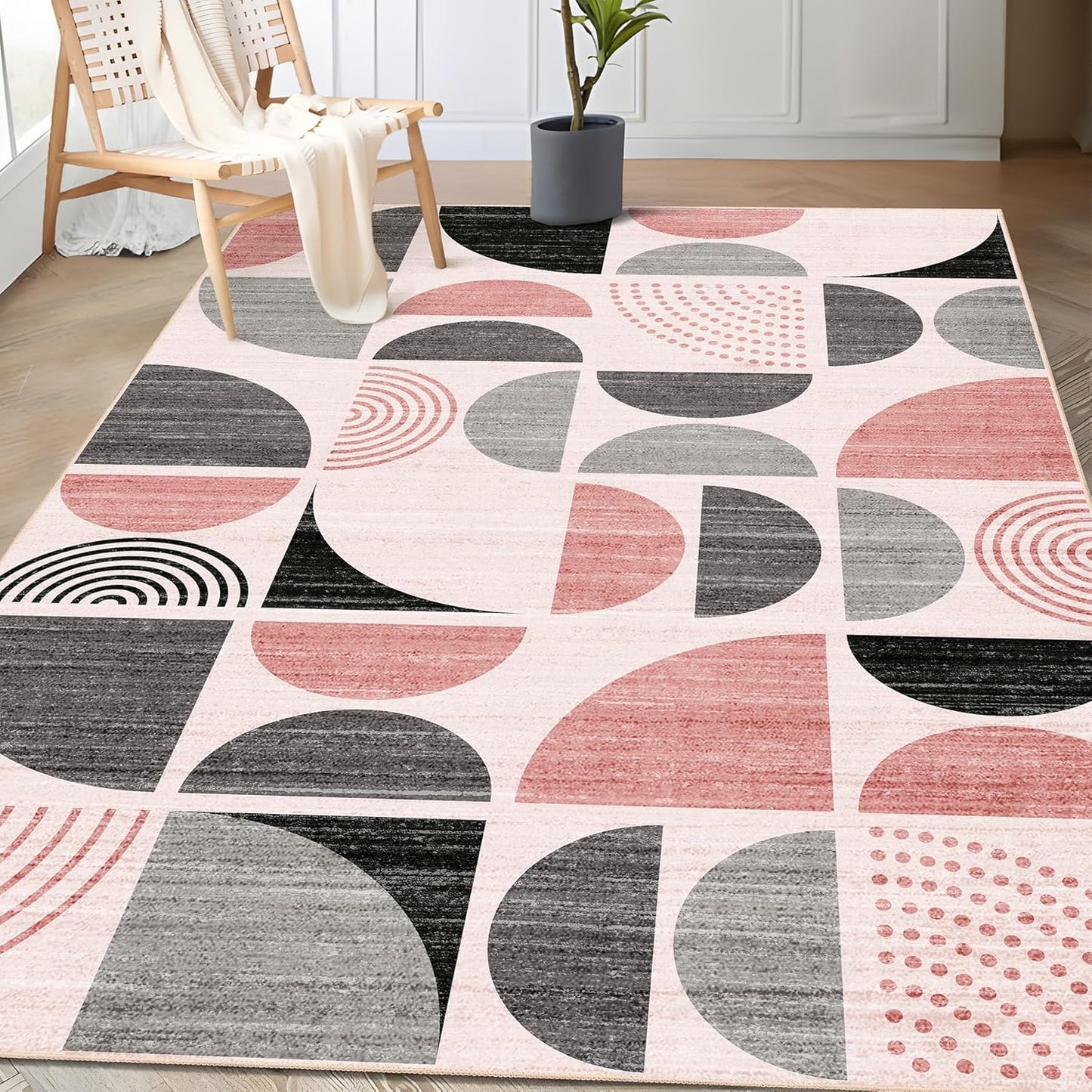 MUJOO Pink Rug Boho Washable 3x5 Area Rug for Modern Spaces