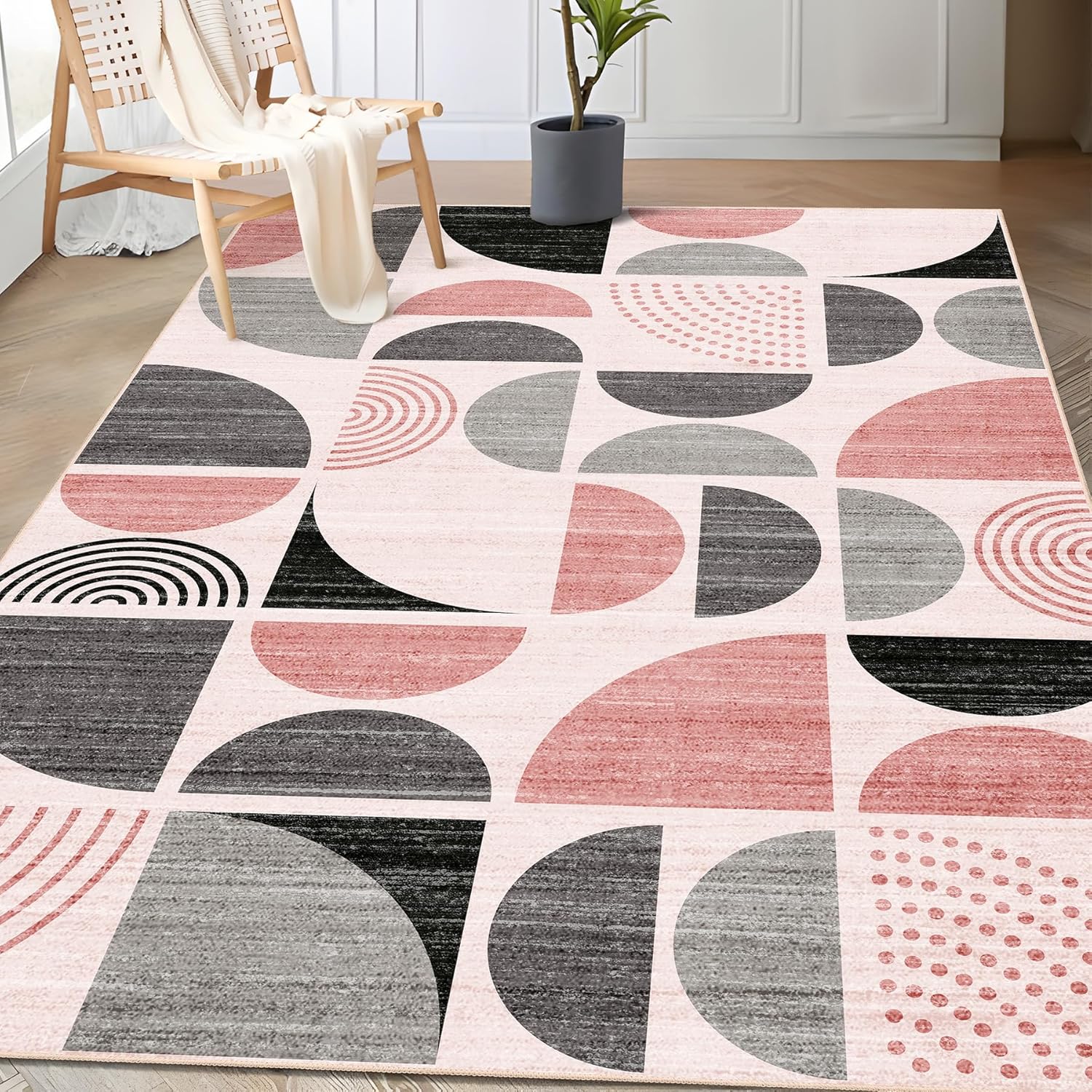 MUJOO Pink Rug Boho Washable 3x5 Area Rug for Modern Spaces