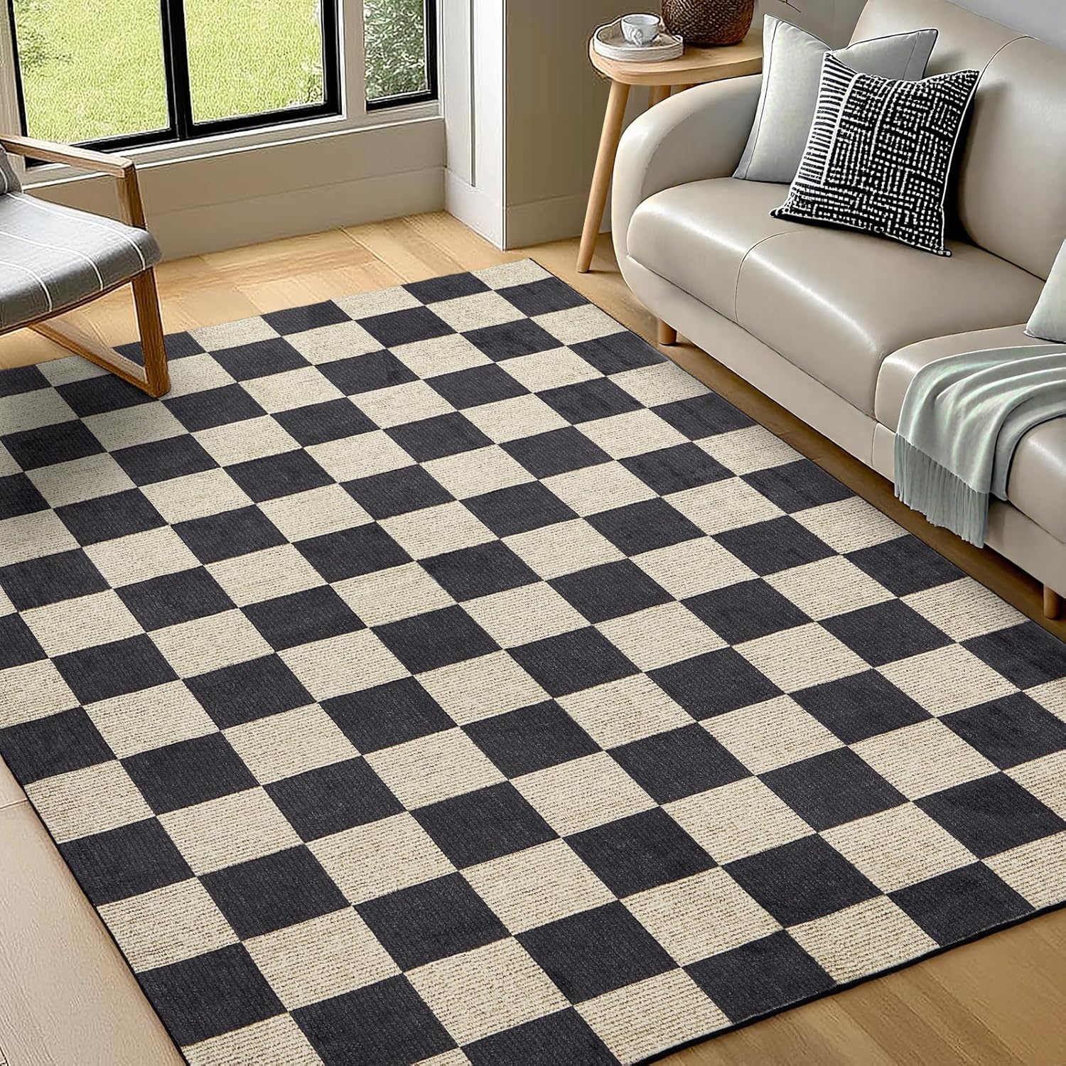 Washable 5x7 Checkered Rug for Stylish Living Room Decor