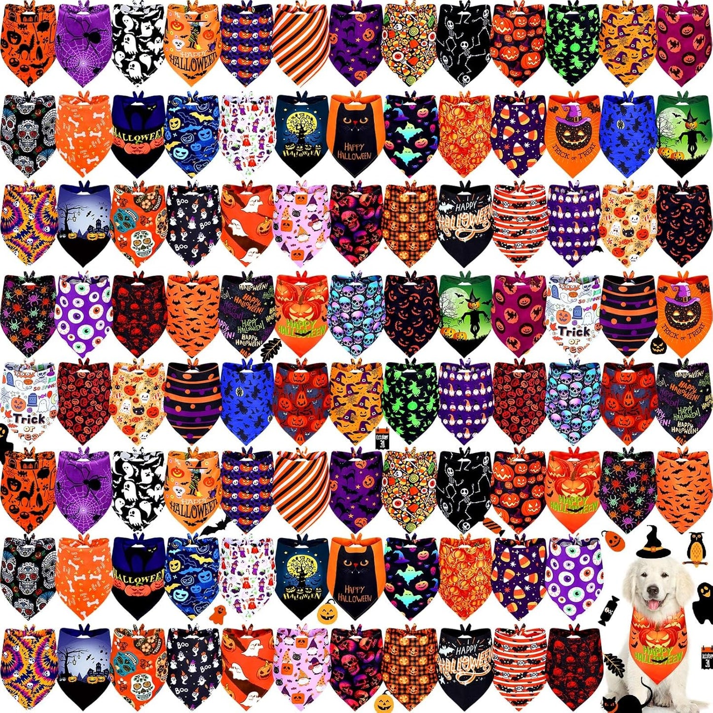 100 Pieces Halloween Dog Bandanas for Large Dogs and Cats