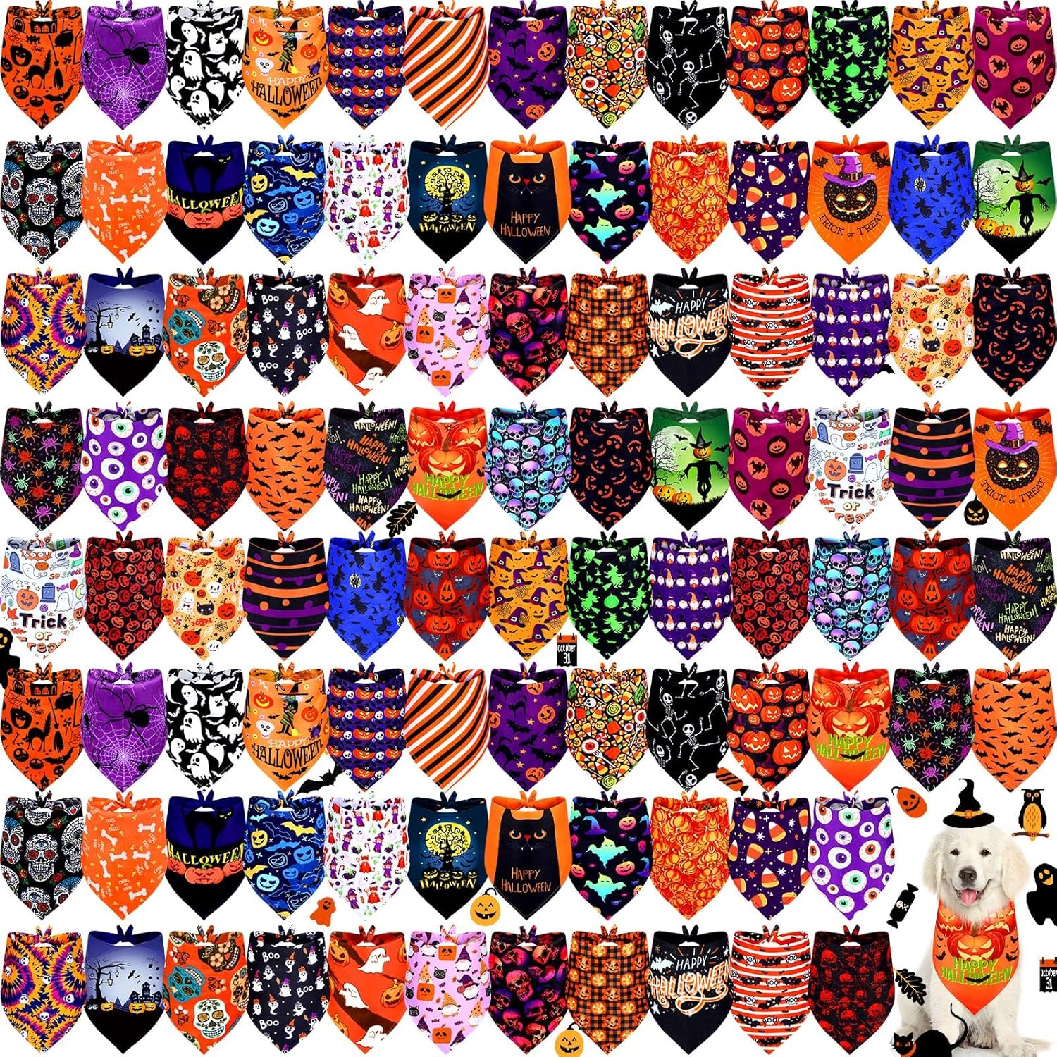 100 Pieces Halloween Dog Bandanas for Large Dogs and Cats