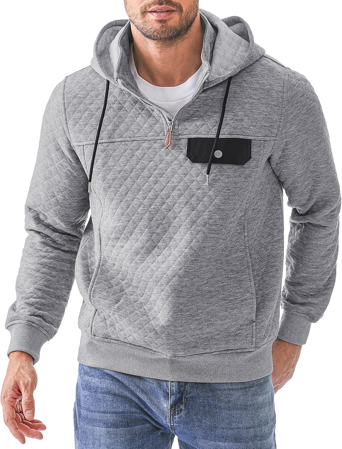 JMIERR Men's Quilted Hoodies Casual Long Sleeve Pullover Sweatshirt