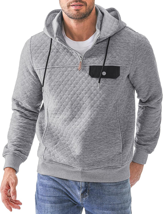 JMIERR Men's Quilted Hoodies Casual Long Sleeve Pullover Sweatshirt