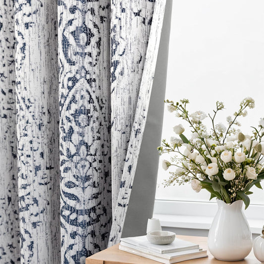 Navy Blue Blackout Print Curtains for Light Blocking and Style