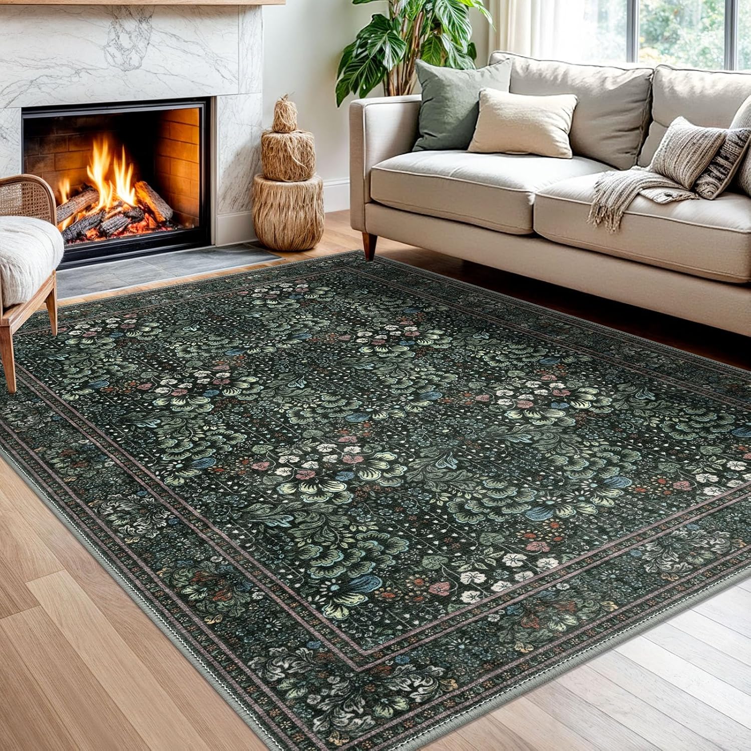 5x7 Area Rug for Bedroom - Dark Green Modern Floor Rug