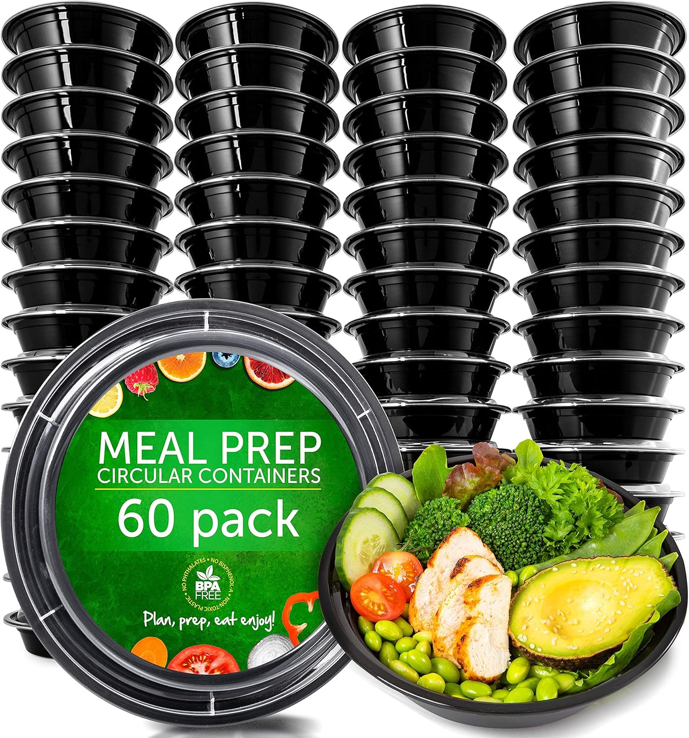 PrepNaturals Reusable Plastic Meal Prep Containers, 60 Pack