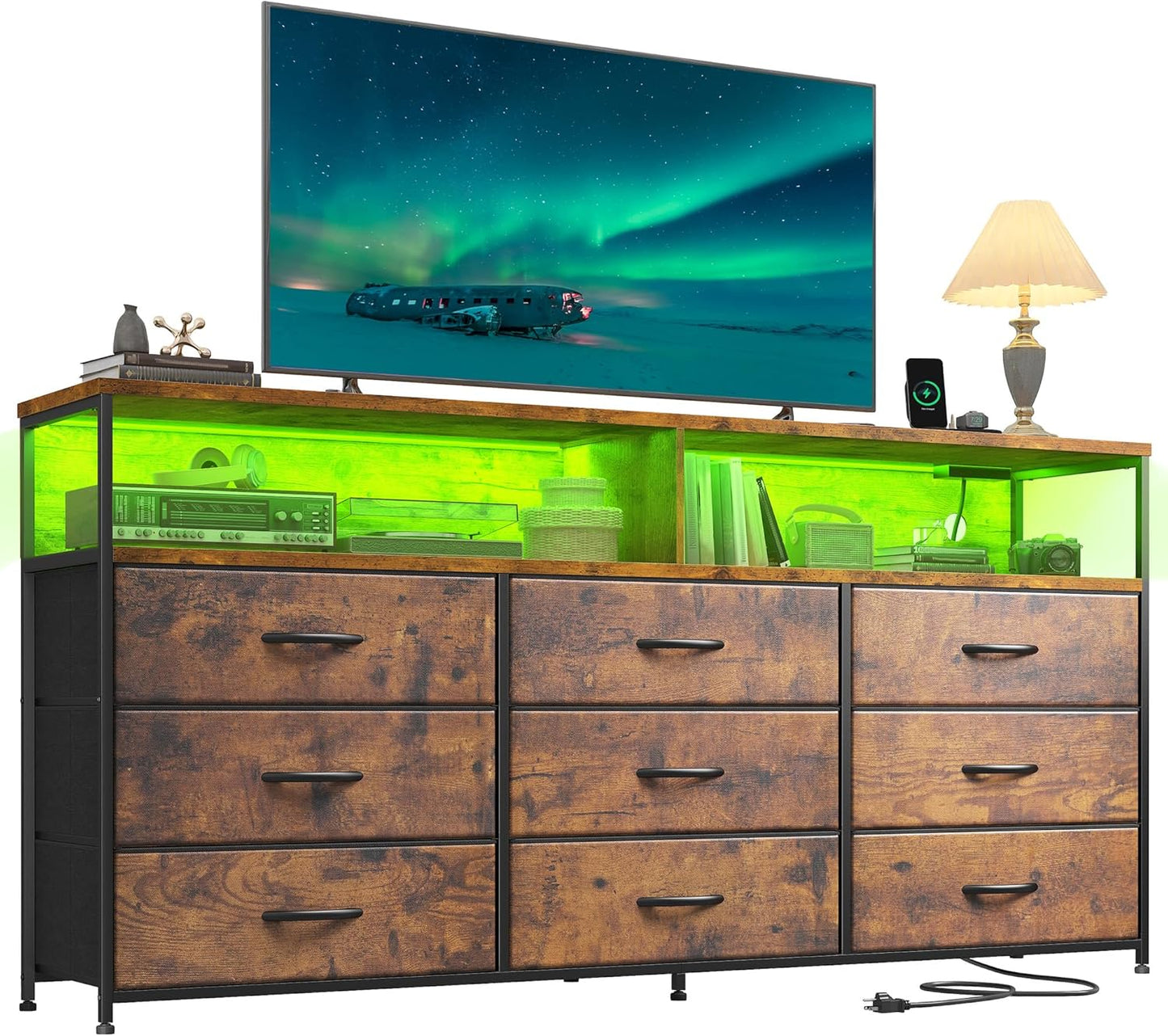 55 Inch Dresser with 9 Drawers and LED TV Stand for Bedroom