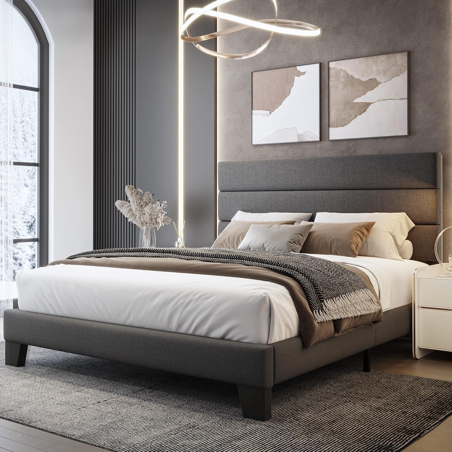 WEEWAY Full Size Bed Frame with Upholstered Headboard and Slats