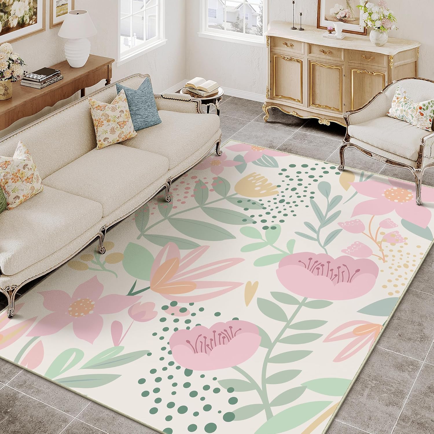 Pink Area Rug 6x9 Washable Boho Large Living Room Carpet