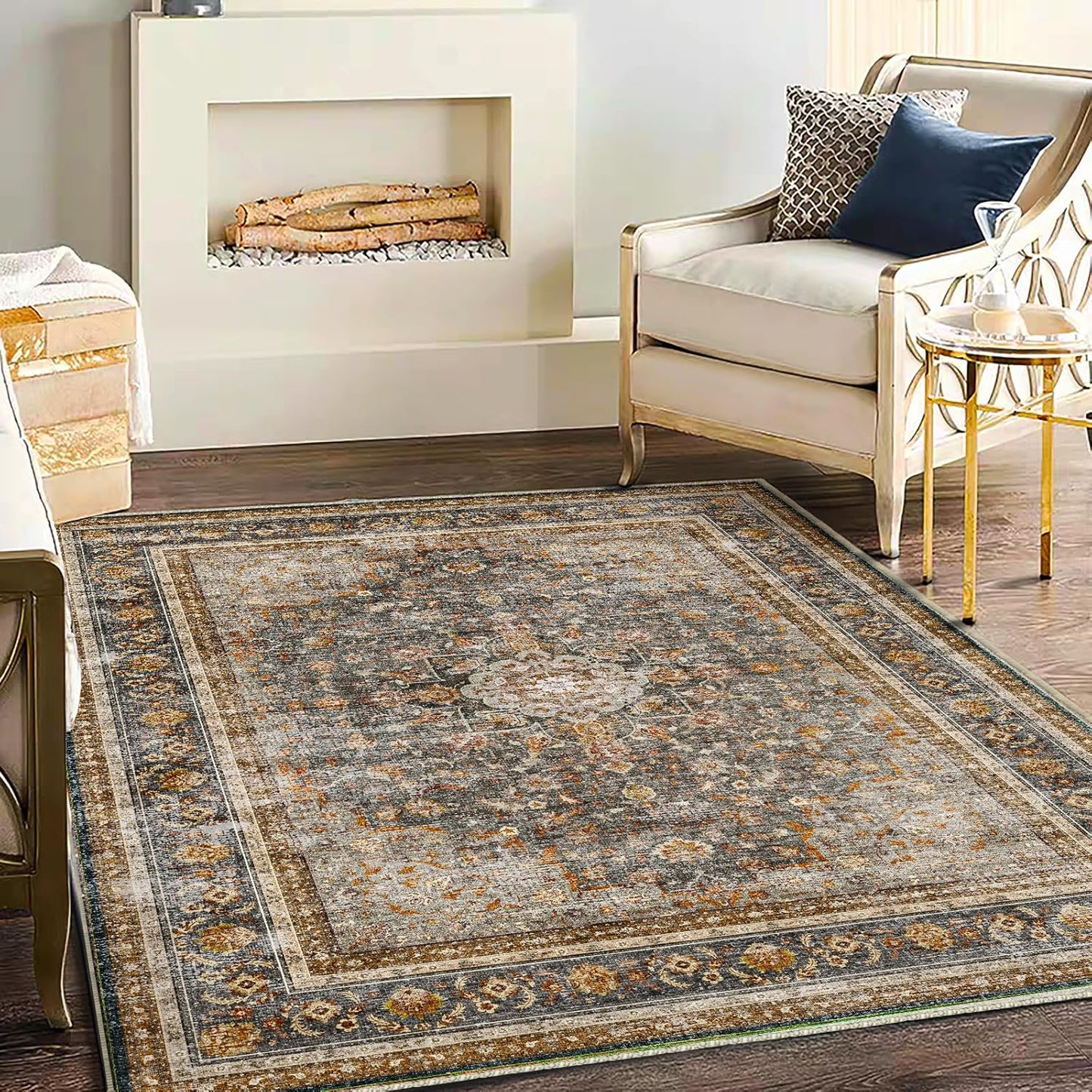 Traditional 5ftx7ft Washable Area Rug for Living Room and Bedroom