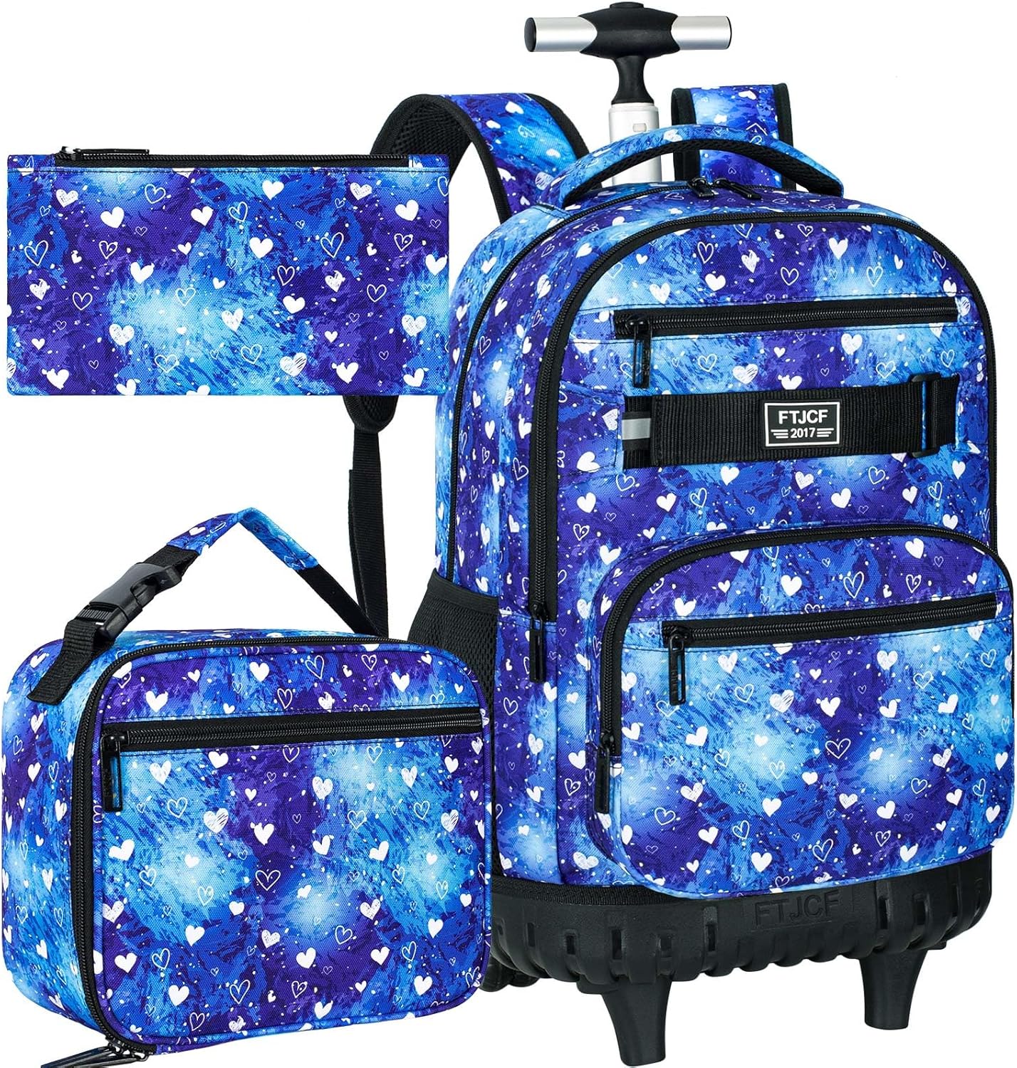 3Pcs Rolling Backpack for Girls with Lunch Box and Pencil Bag